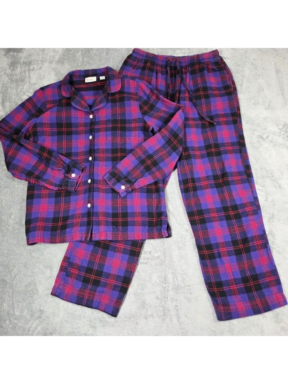 LL Bean Pajamas Womens Small Purple Flannel Button Up Shirt Pants 2pc PJ Set